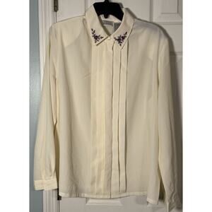 Koret Ivory Button Up Blouse, Floral Embroirdered Collar, Shoulder Pads, Size 16